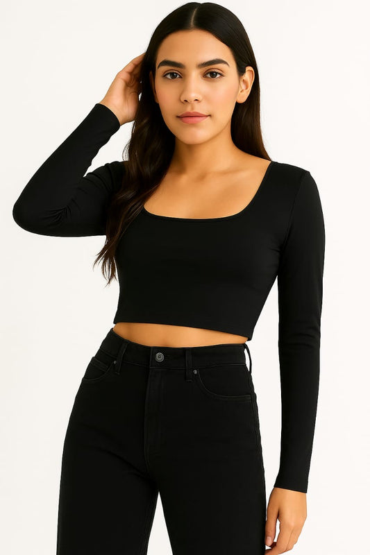 Black Cotton Slim Fitted Crop Top