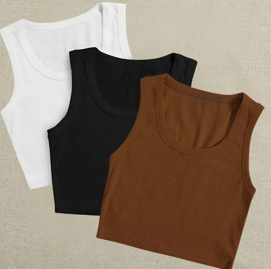Pack of 3 White, Black & Brown Tank Tops