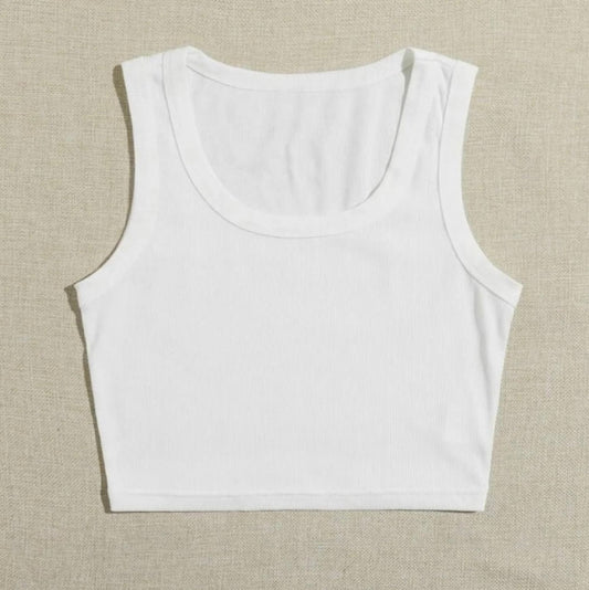 Solid White Scoop Neck Rib Fitted Tank Top