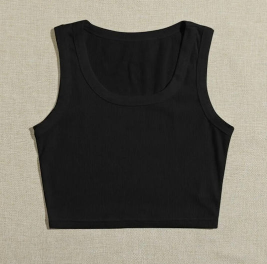 Solid Black Scoop Neck Rib Fitted Tank Top