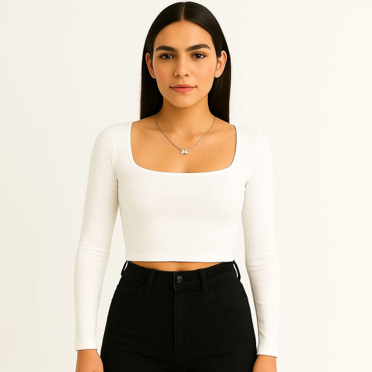 White Cotton Slim Fitted Crop Top